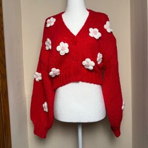 Anthropologie Luna Ivy Red Spring 3D Floral Appliquéd Chunky Knit Cardigan XS